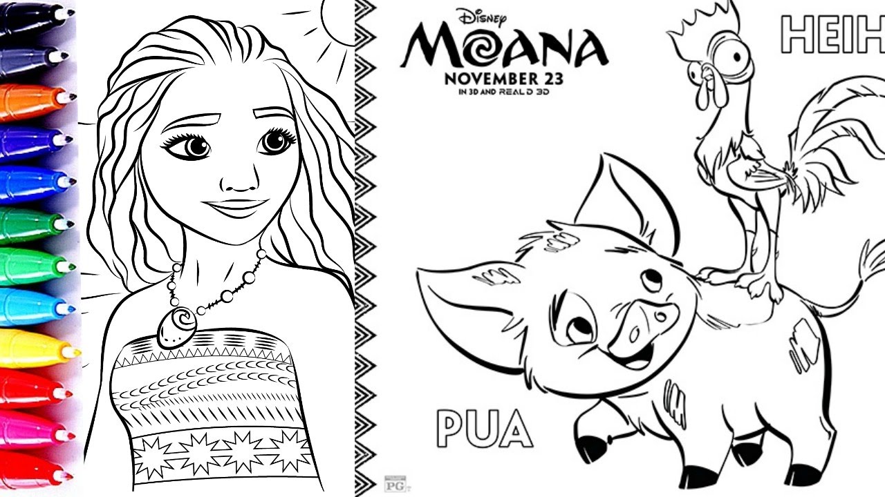 Coloring pages moana princess of pacific heihei pua and baby moana coloring video for children learn
