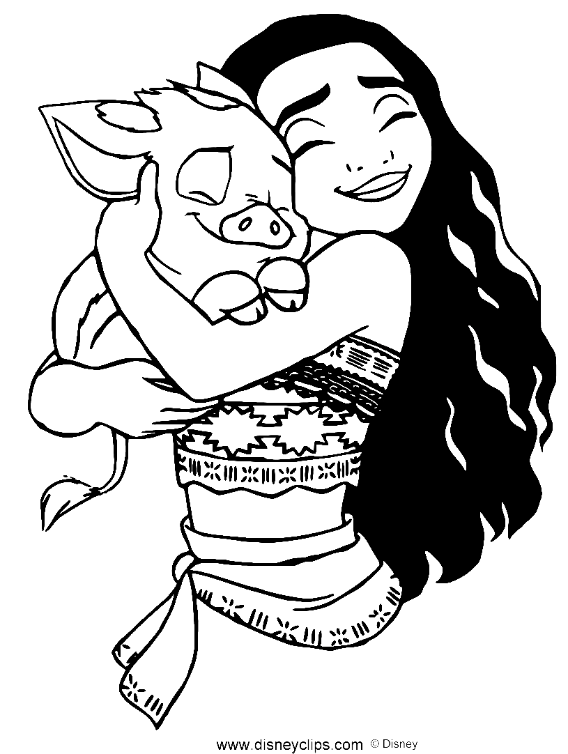 Moana hugging pua coloring page
