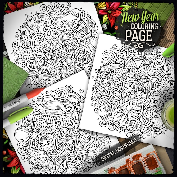 Happy new year coloring pages merry christmas printable coloring sheets xmas colouring doodle big set digital download jpeg