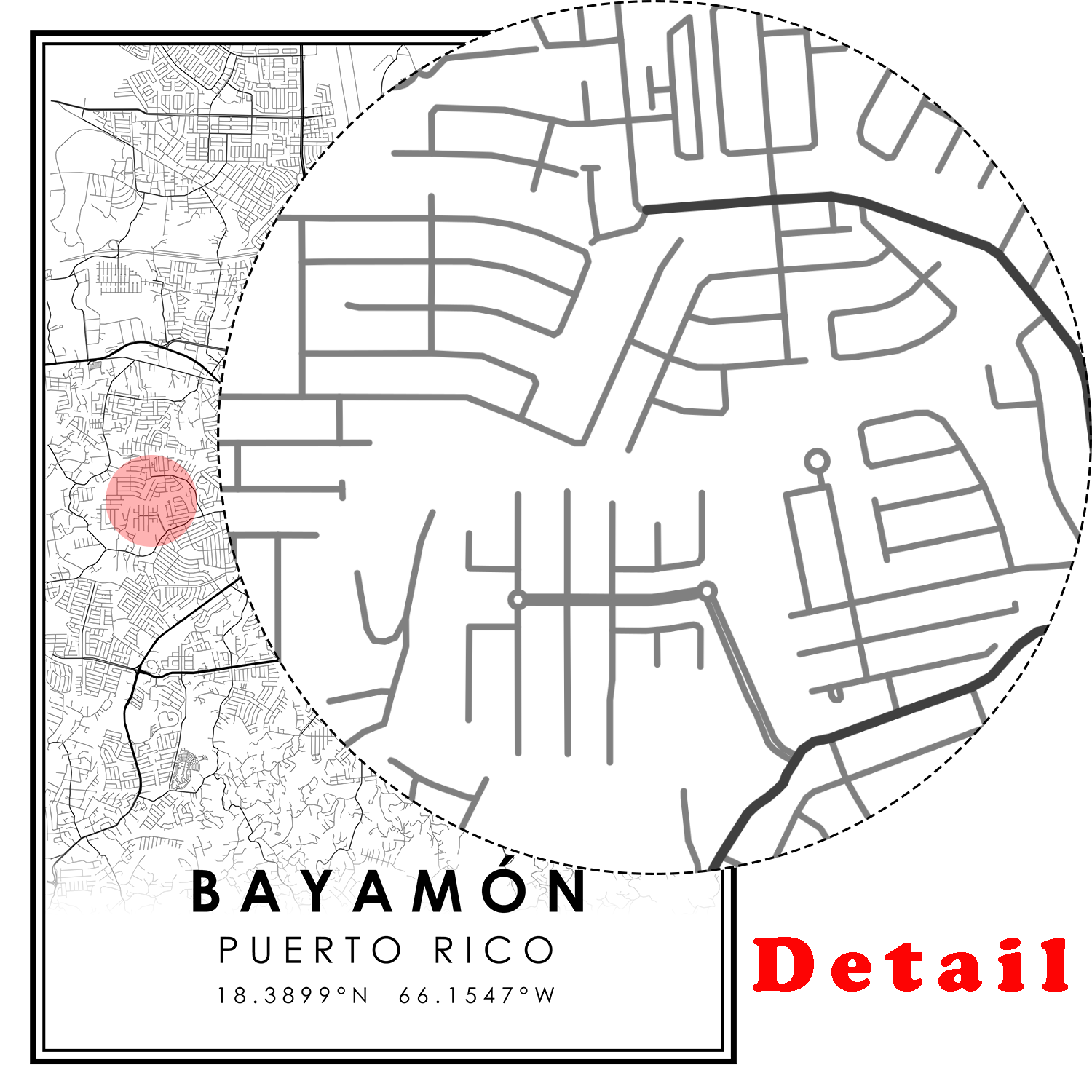 Caguas bayamãn of puerto rico city map print poster canvas wall art