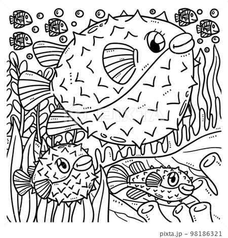 Mother pufferfish and baby pufferfish coloring