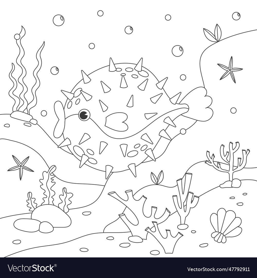 Funny puffer fish cartoon style coloring book vector image