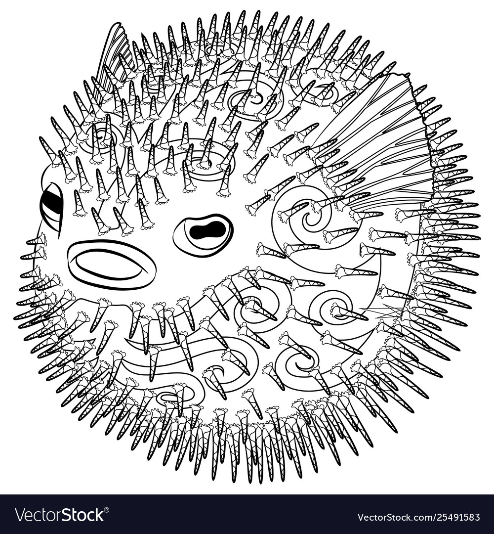 Coloring page with puffer fish in patterned style vector image