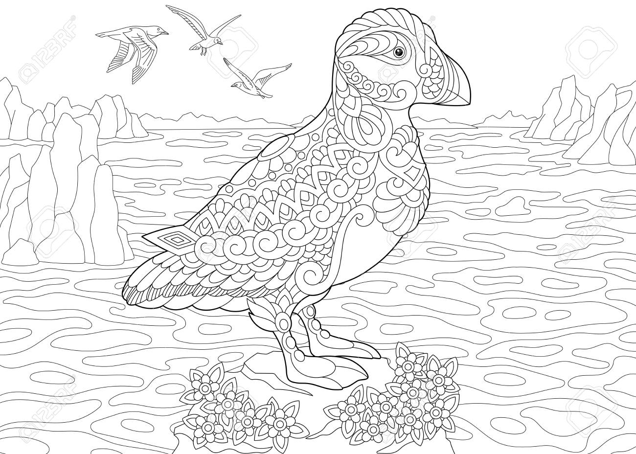 Coloring page adult coloring book puffin a hole