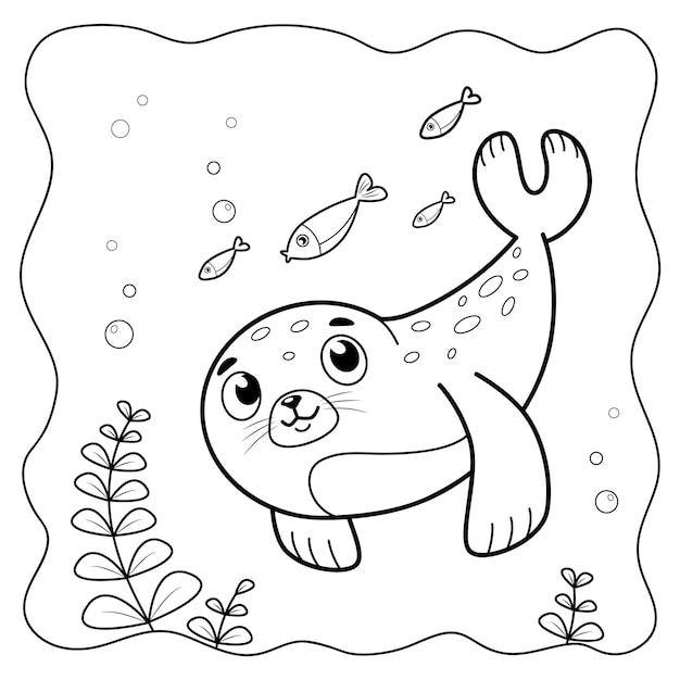 Premium vector seal black and white coloring book or coloring page for kids marine background