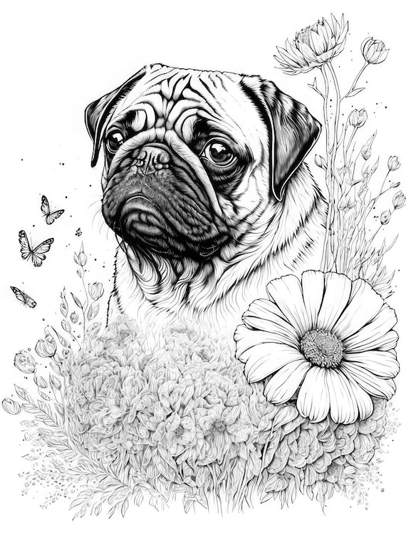 Pug coloring sheet ai generated coloring page of a pug dog with flowers instant download