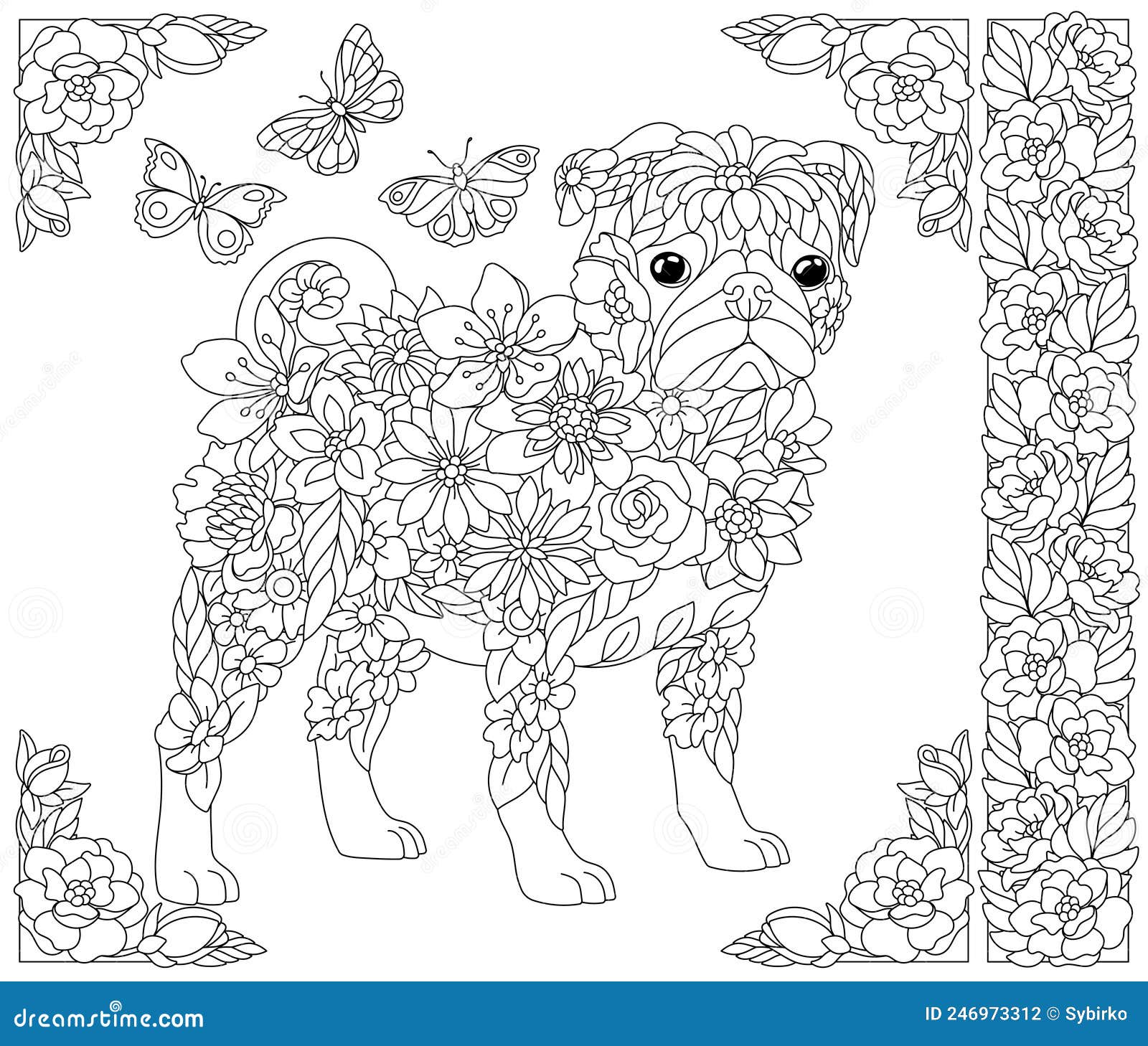 Floral pug dog coloring book page stock vector