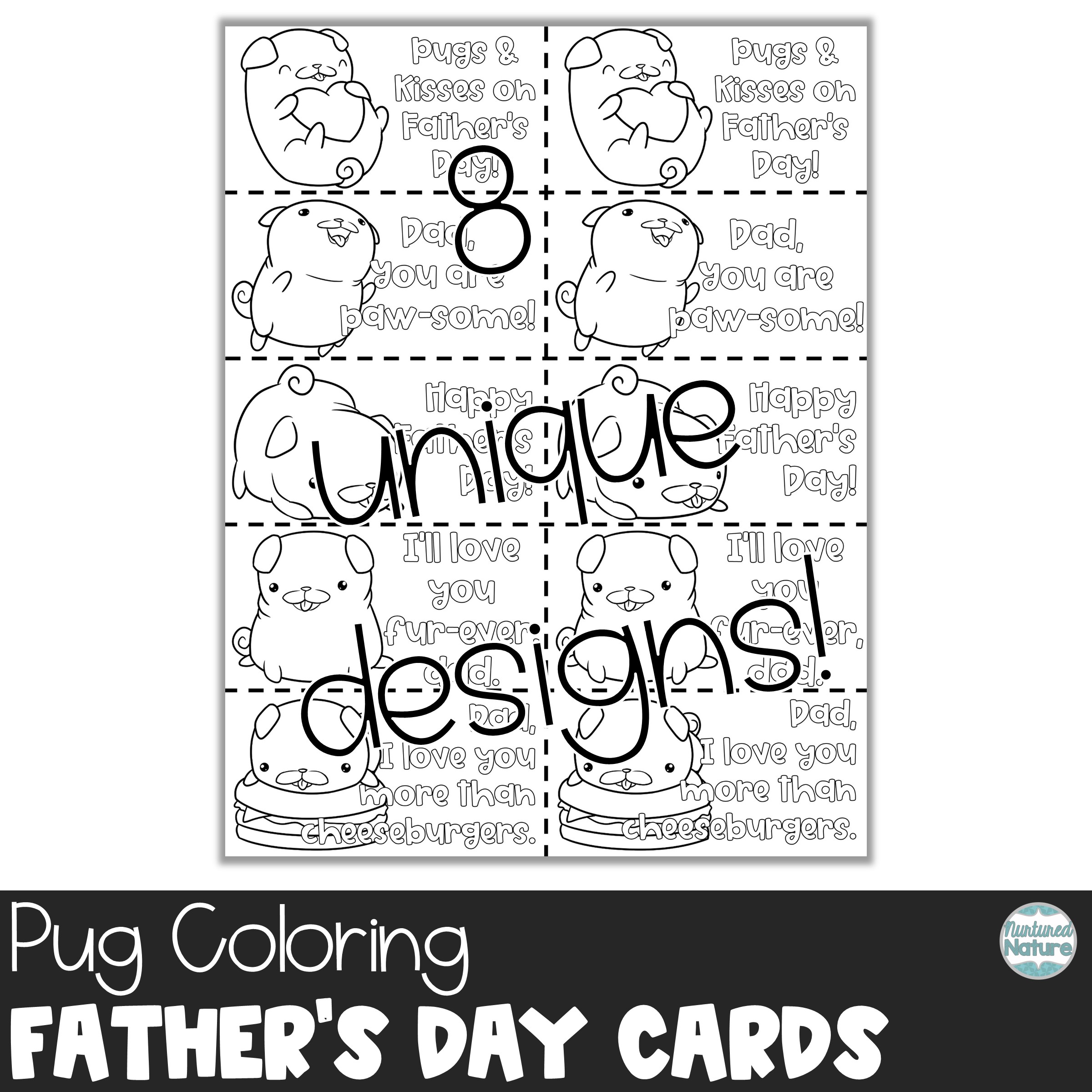Pug coloring sheet fathers day cards