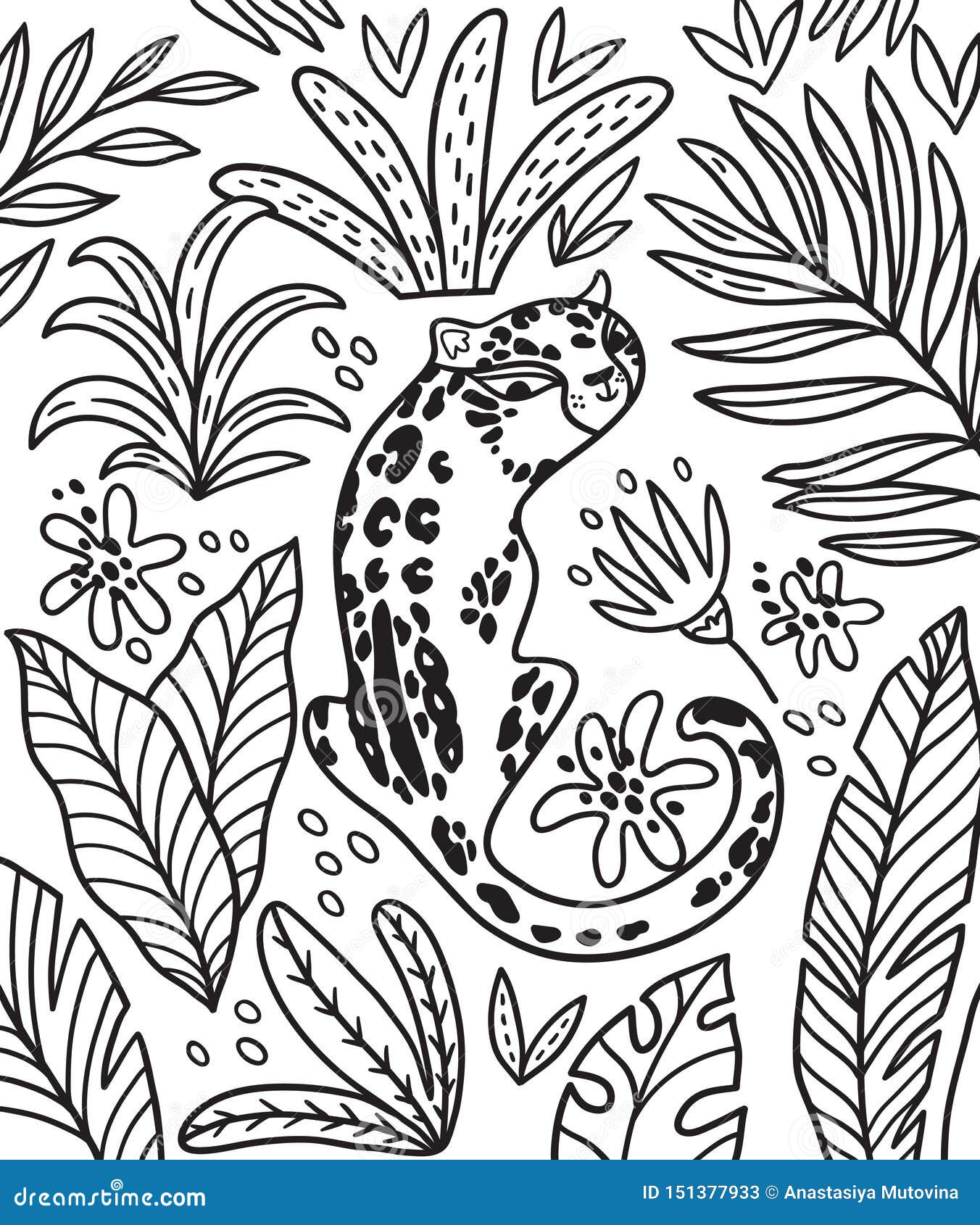 Black and white print with cartoon puma and tropical leaves in outline vector illustration stock vector