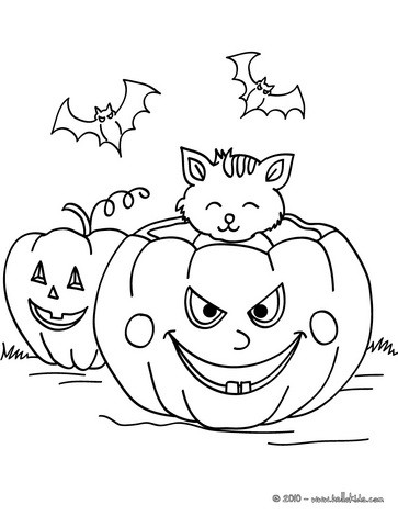 Pumpkin with bats and cats coloring pages