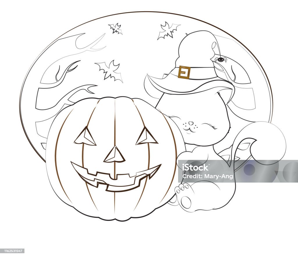 Halloween cat and pumpkin coloring book stock illustration