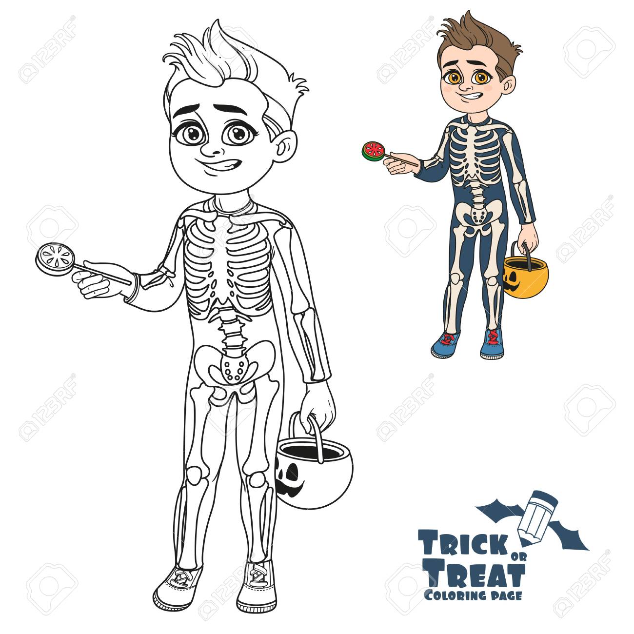 Cute boy in skeleton costume with a pumpkin bag for sweets trick or treat color and outlined for coloring page royalty free svg cliparts vectors and stock illustration image