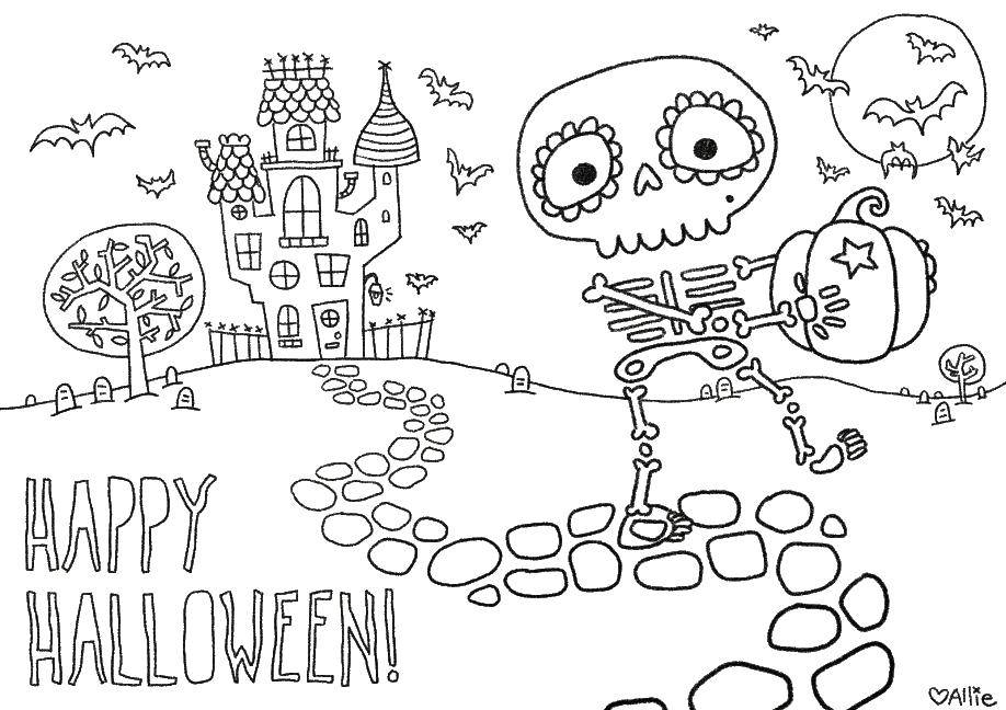 Online coloring pages background coloring skeletons on the background of the castle halloween