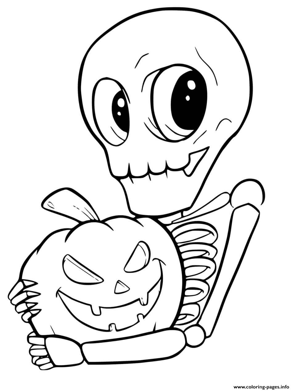 Cute skeleton and pumpkin for halloween coloring page printable
