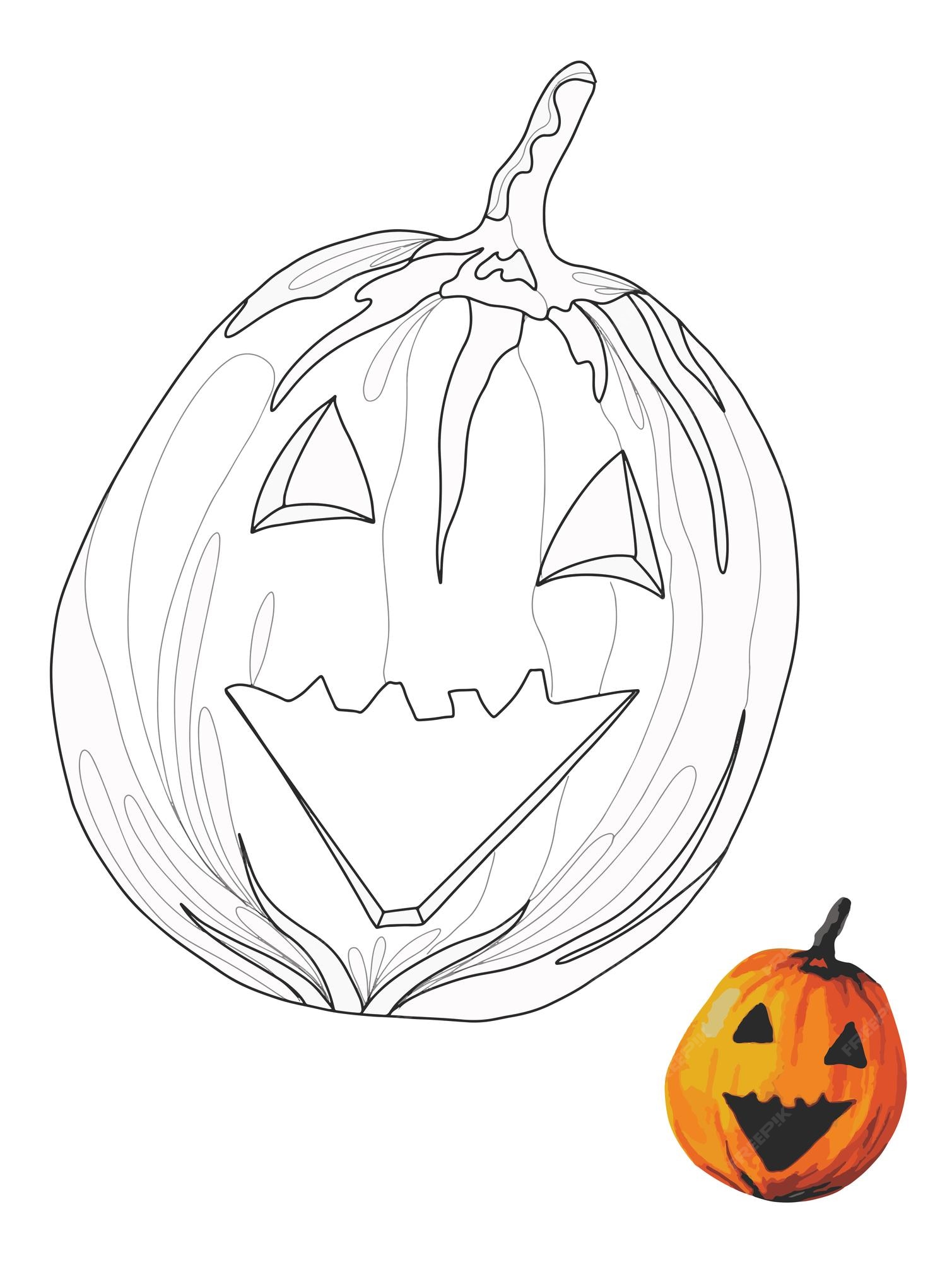 Premium vector orange pumpkin lantern in doodle style coloring book coloring page for kids and adults
