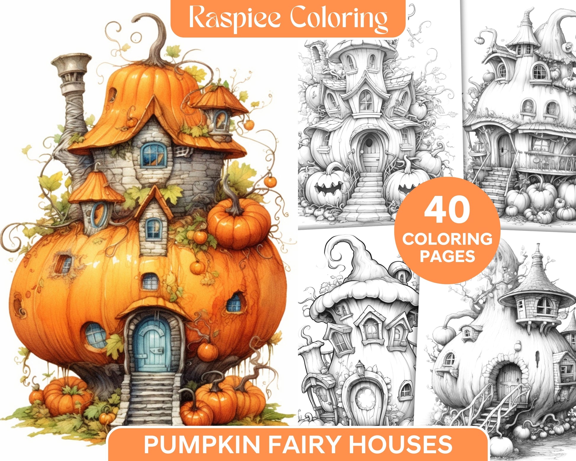 Pumpkin fairy houses grayscale coloring pages printable for adults â coloring