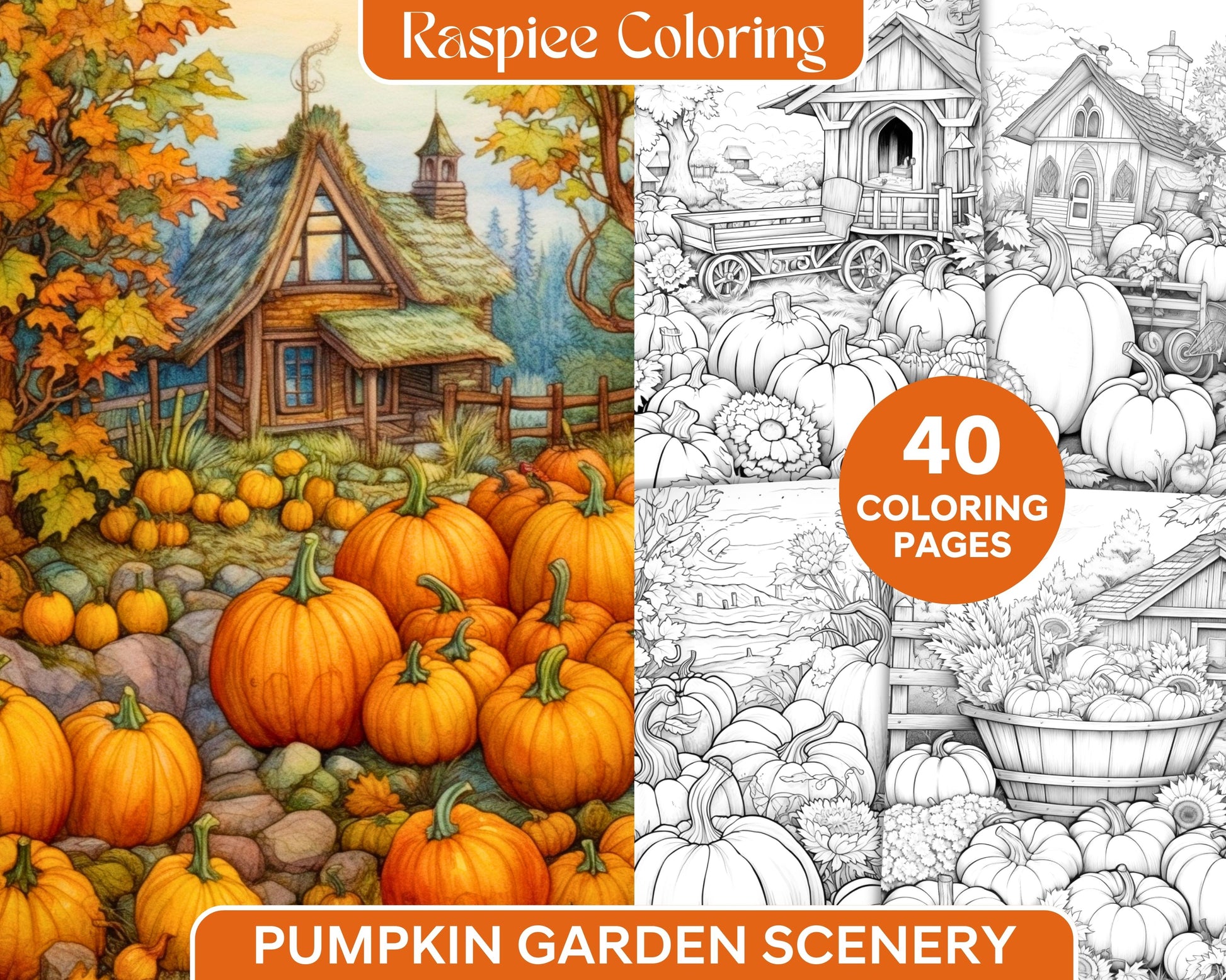 Pumpkin garden scenery grayscale coloring pages printable for adults â coloring