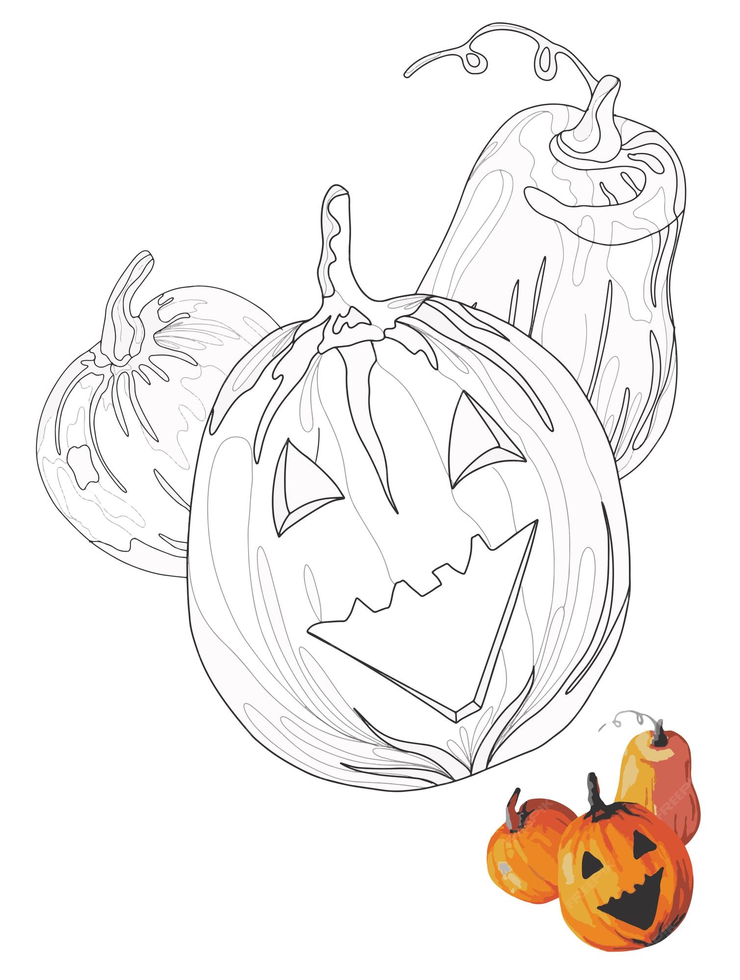 Premium vector funny halloween pumpkins in doodle style coloring book coloring page for kids and adults
