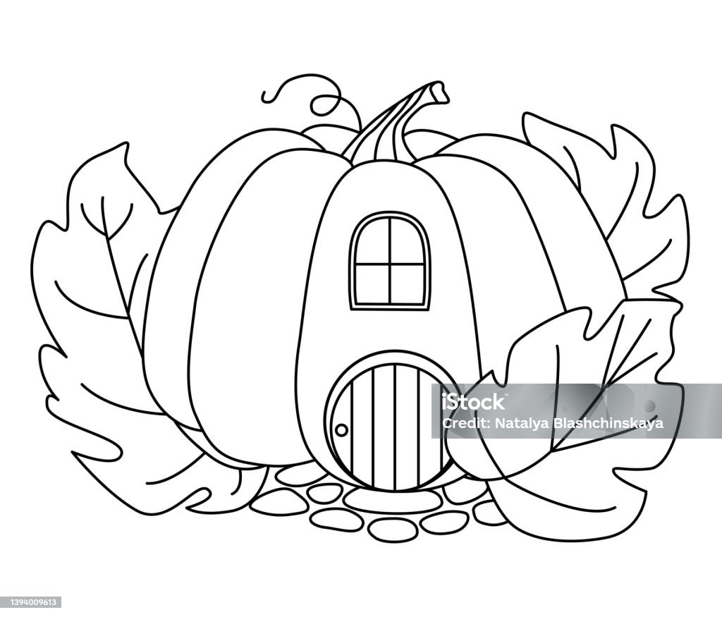 Fabulous pumpkin house coloring book cute contour house vector coloring page for adults and children stock illustration