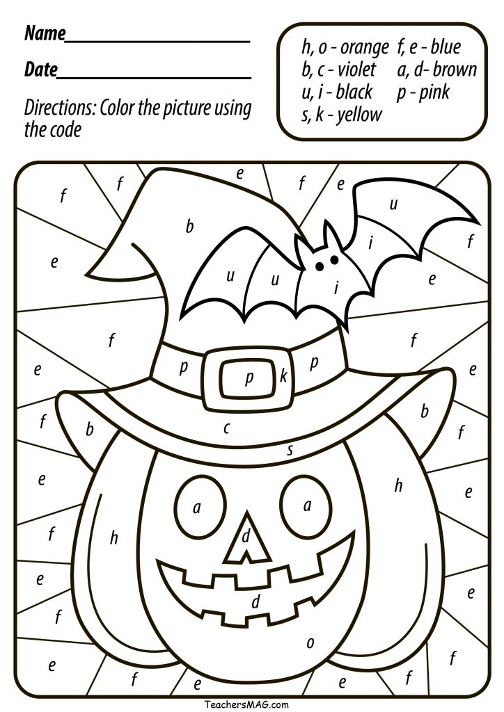 Free halloween pumpkin color by numberletter for preschool teachersmag halloween kindergarten halloween worksheets halloween school