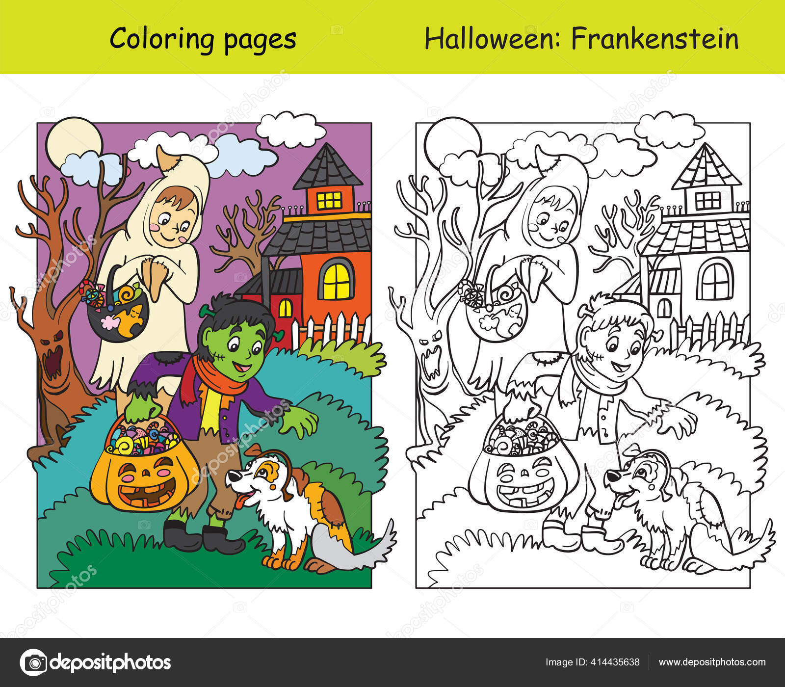 Vector coloring pages colored example children costumes ghost frankenstein patted stock vector by alinart