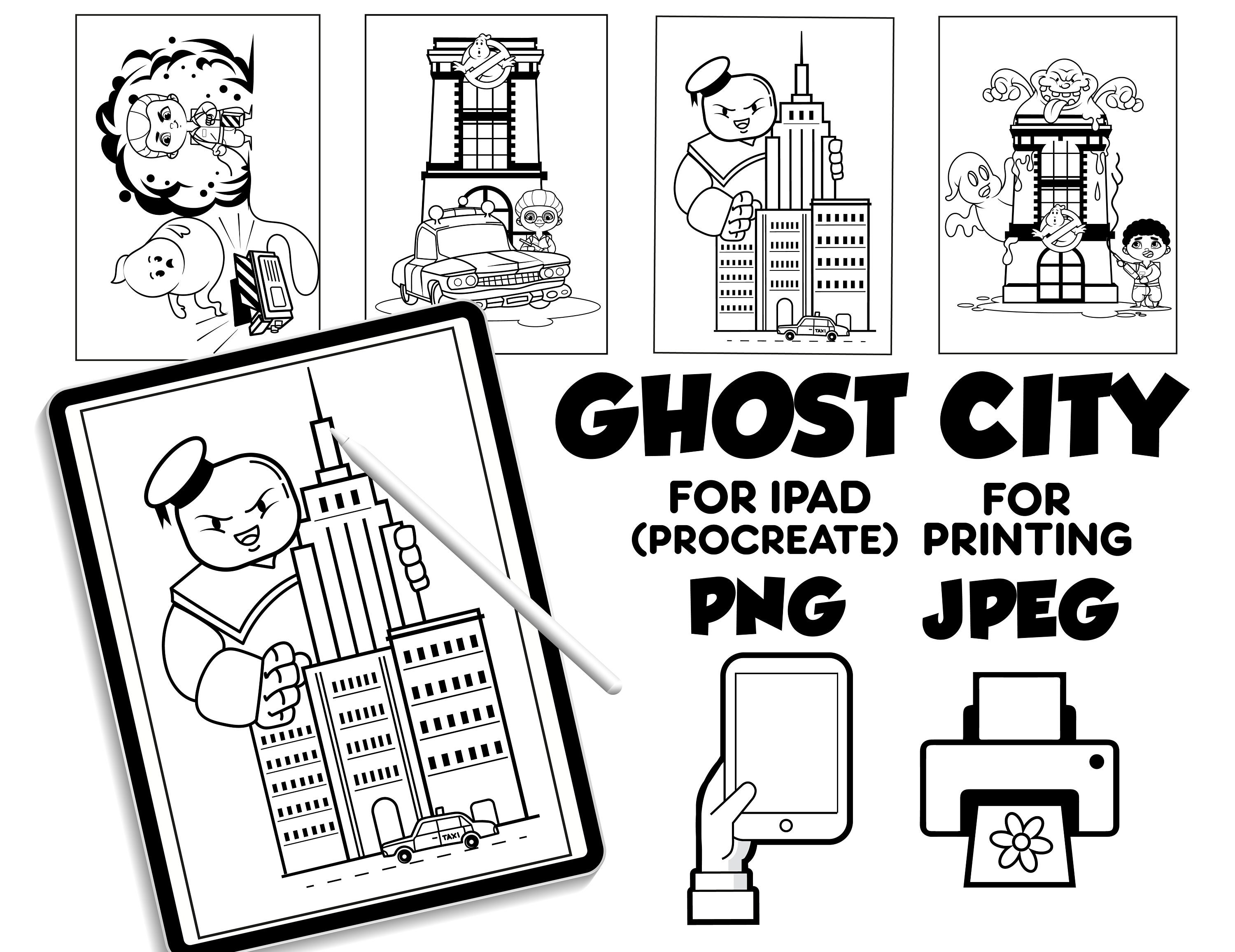 Ghostbusters city coloring pages digital download coloring pages for procreate coloring book for kids for ipad ghostbusters printable