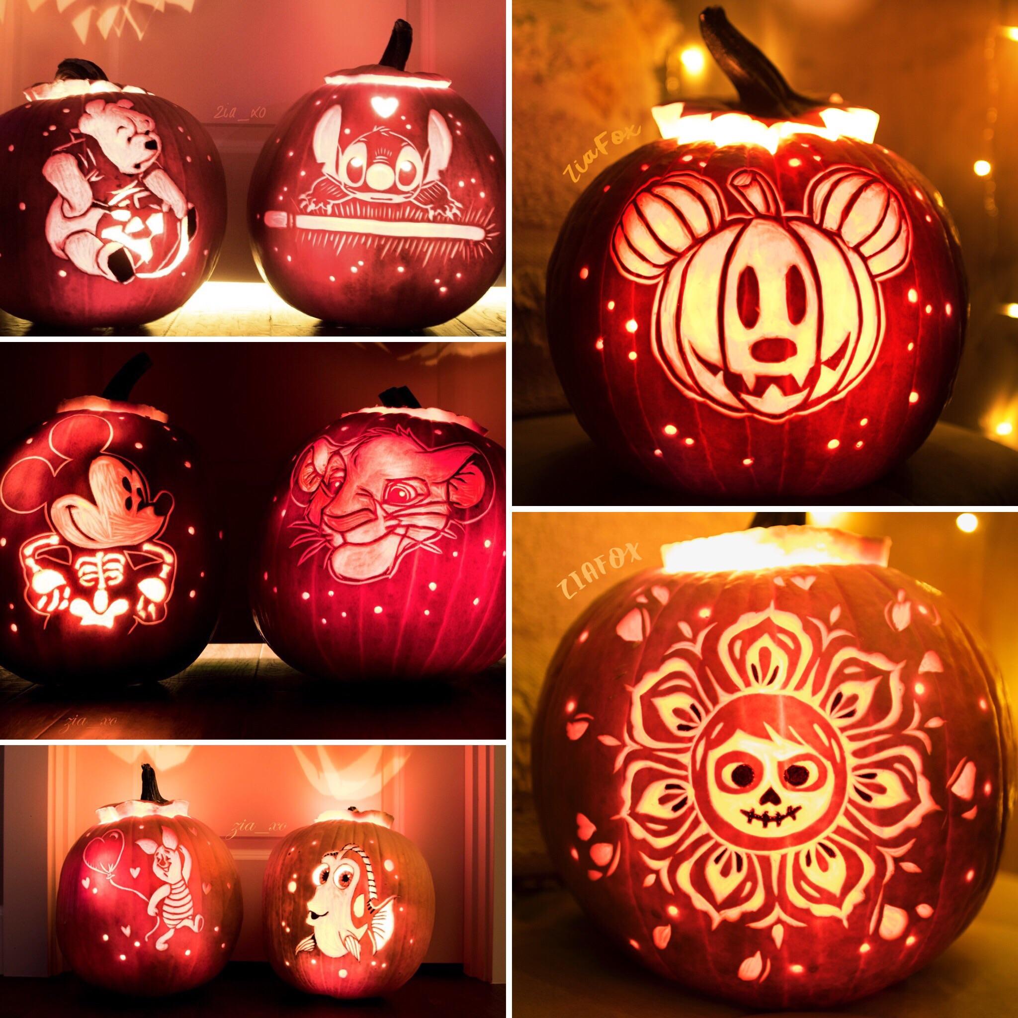 My pumpkin carvings from last year left and the two ive done so far this year right im a bit of a disney fan oc rhalloween