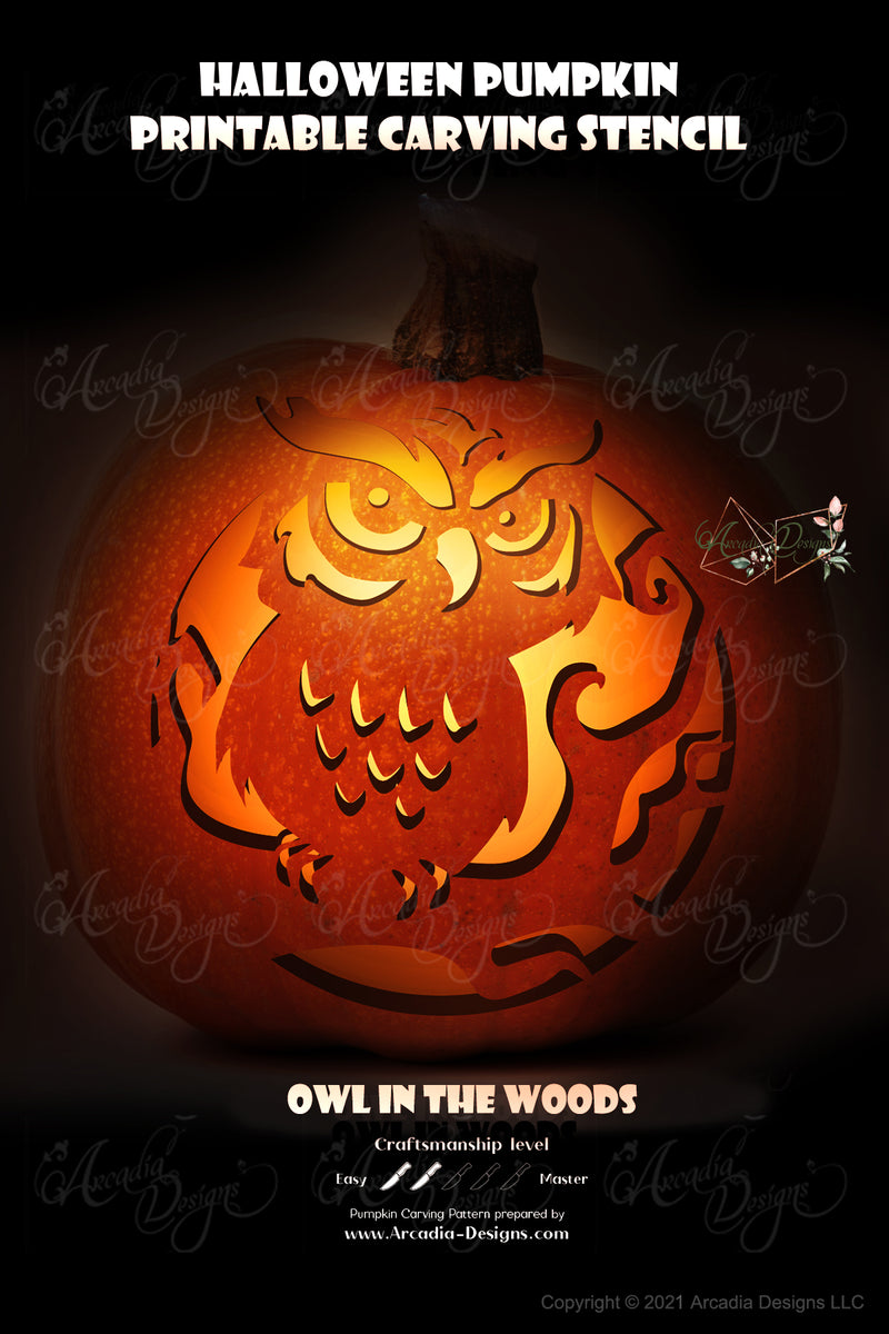 Owl head printable halloween pumpkin carving pattern stencil â arcadia designs