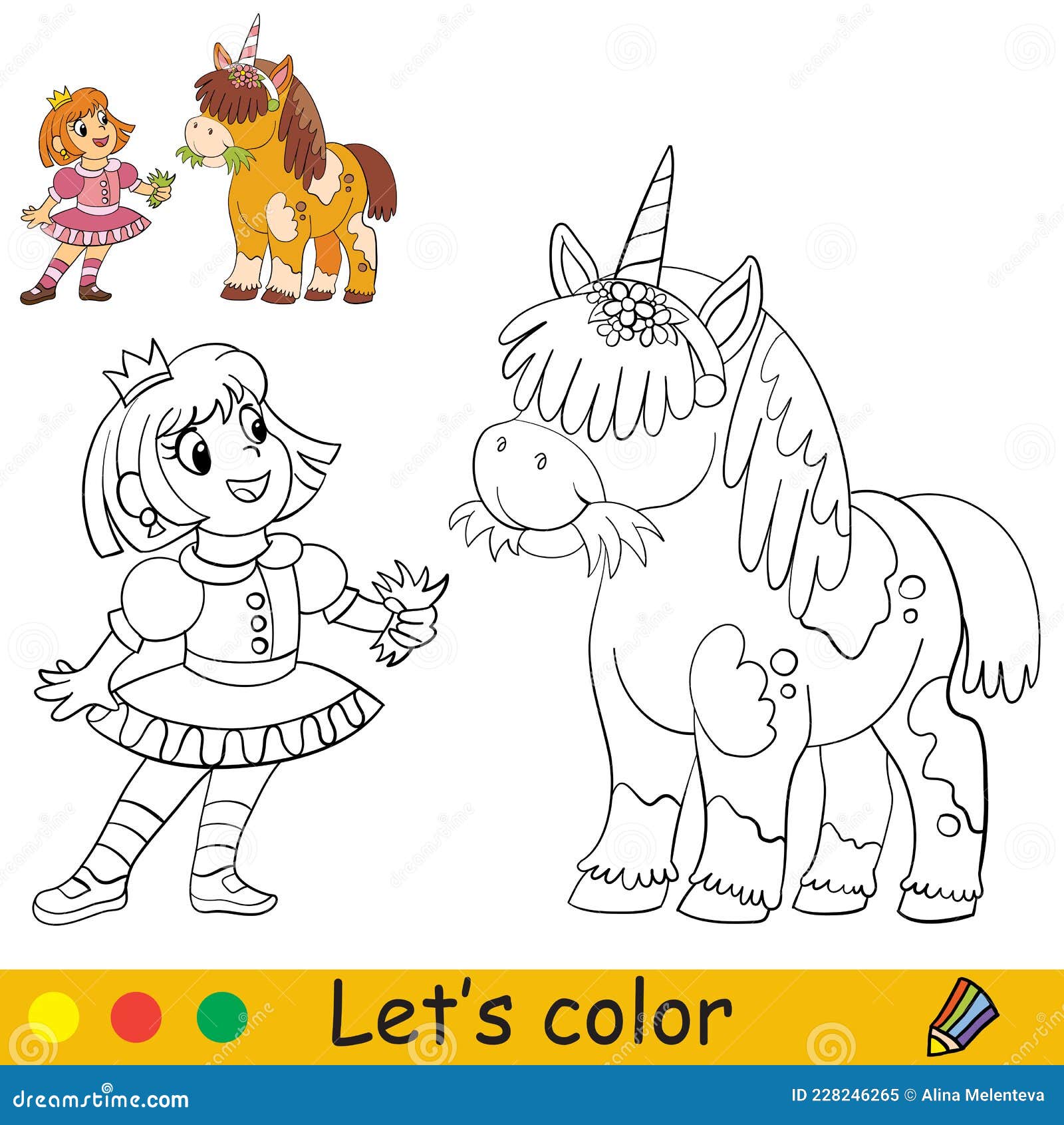 Coloring with template halloween princess with a unicorn stock vector