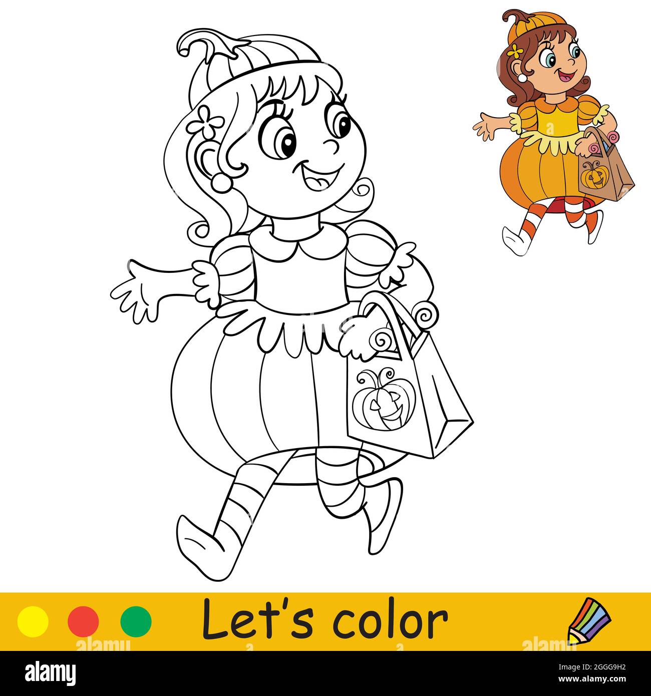 Funny girl in pumpkin costume halloween concept coloring book page for children with colorful template vector cartoon illustration for print pres stock vector image art