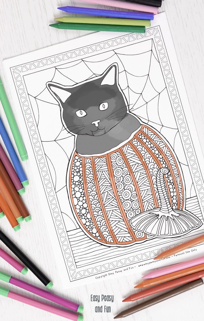 Cat in a pumpkin halloween coloring page