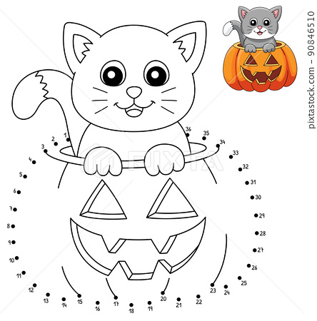Dot to dot cat inside pumpkin halloween isolated