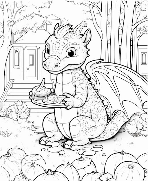 Premium ai image a coloring page of a dragon eating a pumpkin in the yard generative ai