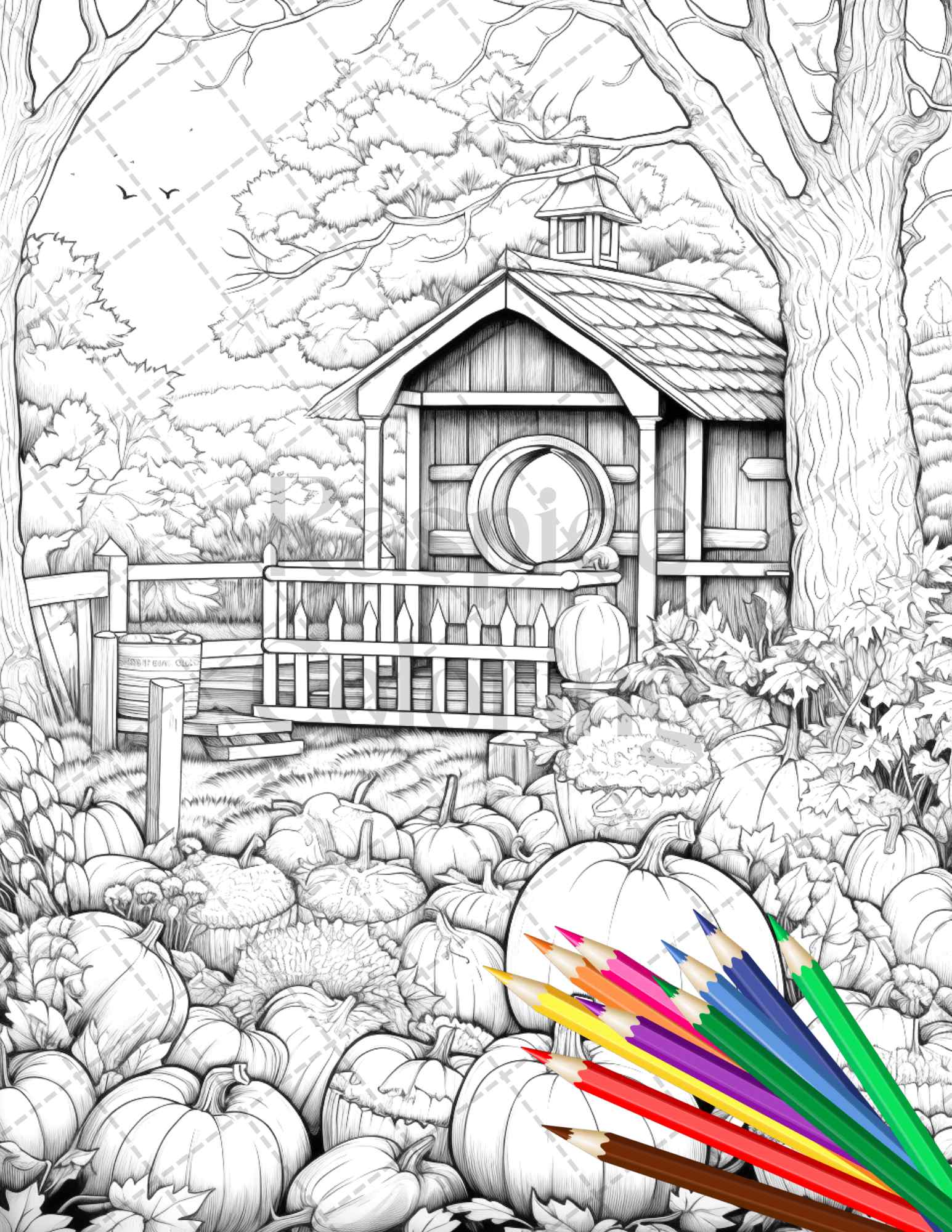 Pumpkin garden scenery grayscale coloring pages printable for adults â coloring