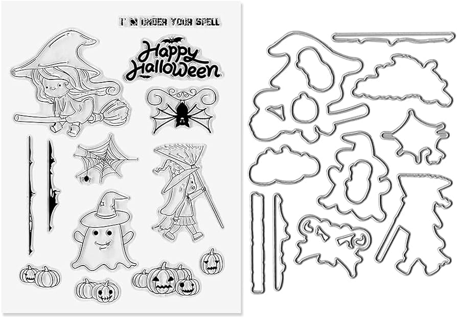 Halloween pumpkins ghost girl clear stamps and cutting dies for card making and photo album decorations words transparent rubber stamps and bat pumpkin die cuts seal for diy scrapbooking arts