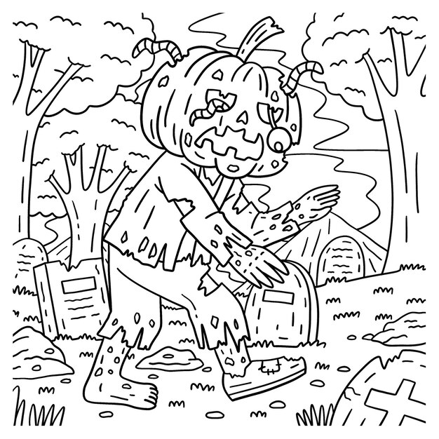 Premium vector a cute and funny coloring page of a zombie in a pumpkin head provides hours of coloring fun for children to color this page is very easy suitable for