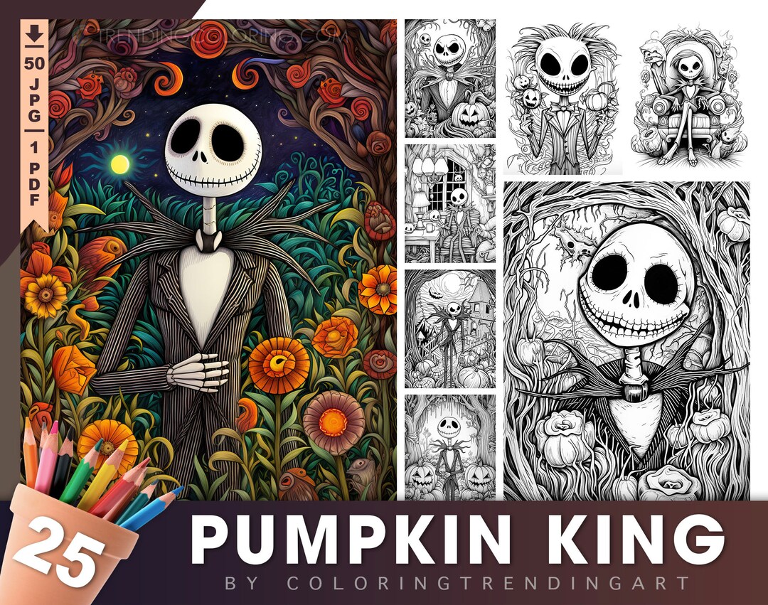 Pumpkin king grayscale coloring pages for adults kids instant download darklight illustration pdf jpg