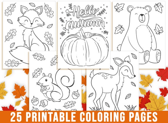 Fall coloring pages autumn coloring book for kids fall leaf fall flower pumpkin fox oak owl squirrels deer bear thanksgiving pdf