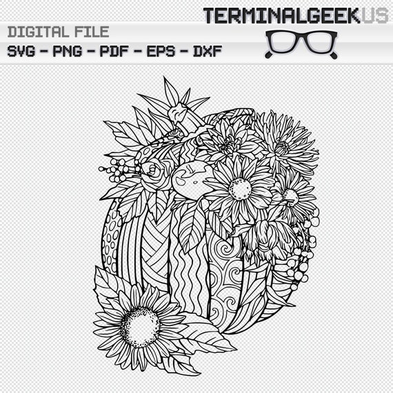Harvest pumpkin zentangle mandala svg png pdf dxf eps cricut silhouette sublimation adult coloring page