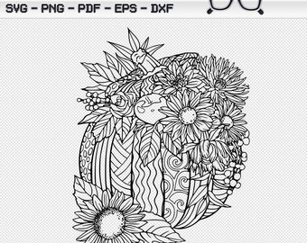 Harvest pumpkin zentangle mandala svg png pdf dxf eps cricut silhouette sublimation adult coloring page