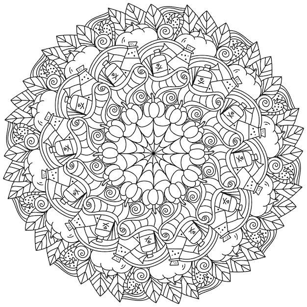 Premium vector mandala for halloween with traditional symbols of pumpkins and objects meditative page coloring for holiday activities