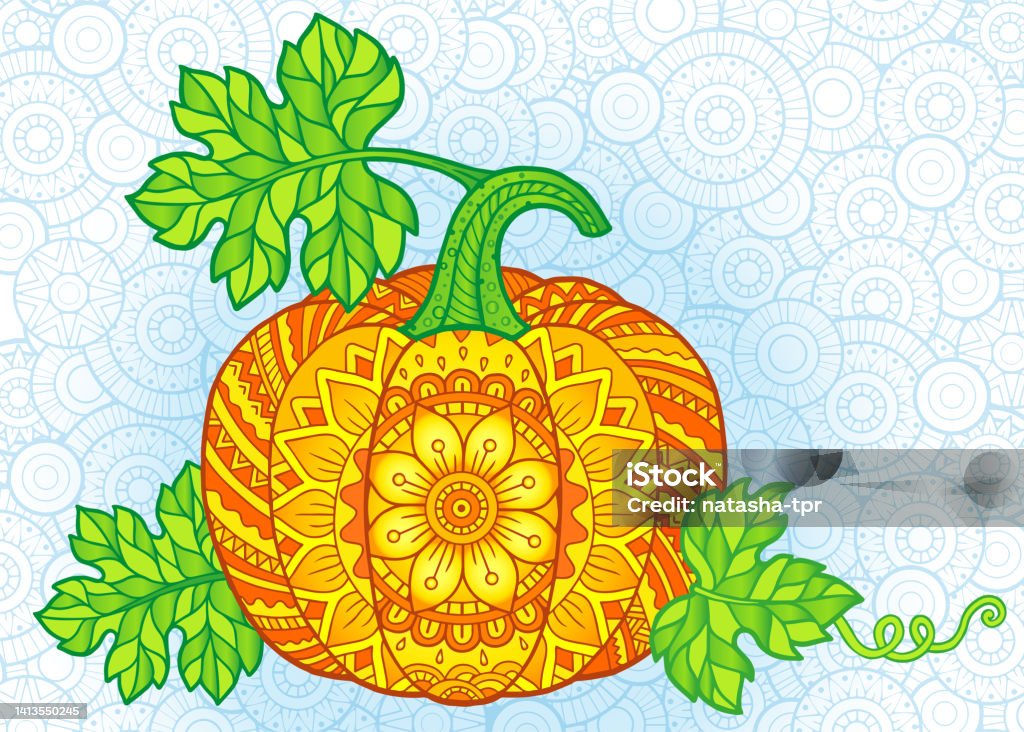 Vector illustration bright halloween pumpkins in mandala style with detailed patterns stock illustration