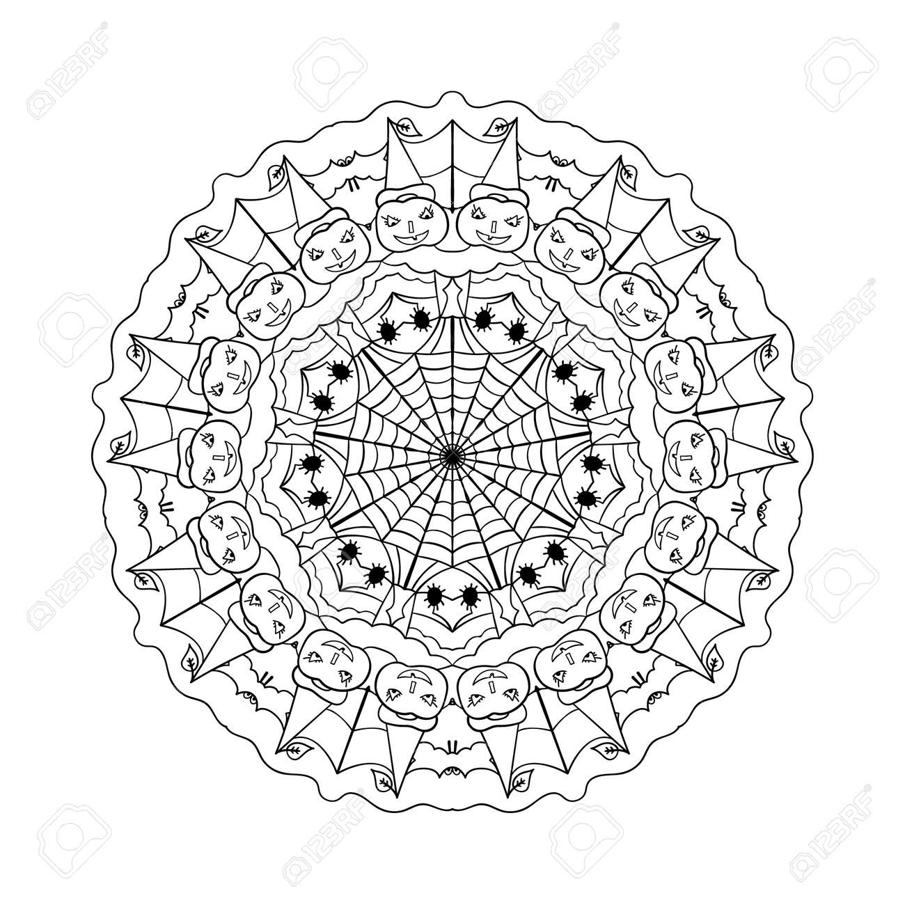 Halloween mandala on white background round pattern with pumpkins and spider web coloring book page royalty free svg cliparts vectors and stock illustration image