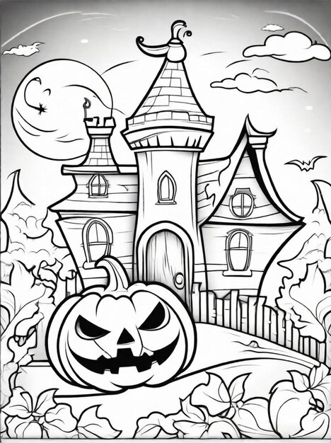 Premium ai image coloring page for kids halloween scary and handsome pumpkin castle and moon
