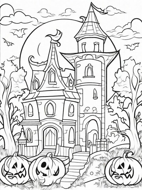 Premium ai image coloring page for kids halloween scary and handsome pumpkin castle and moon