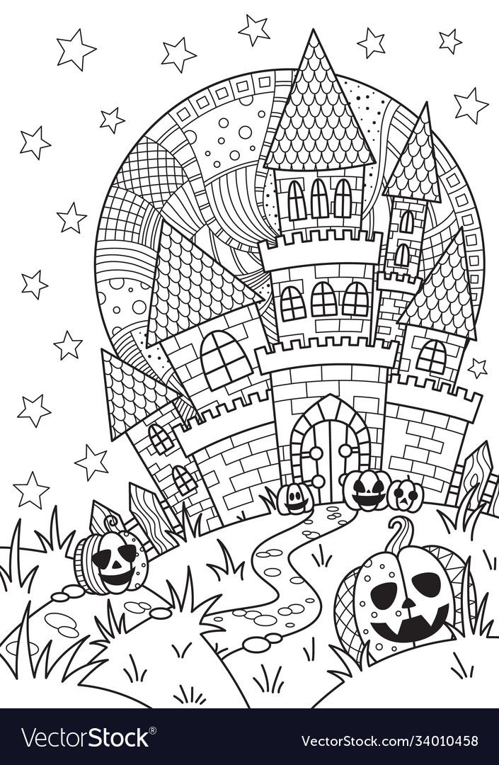Doodle halloween coloring book page spooky castle vector image