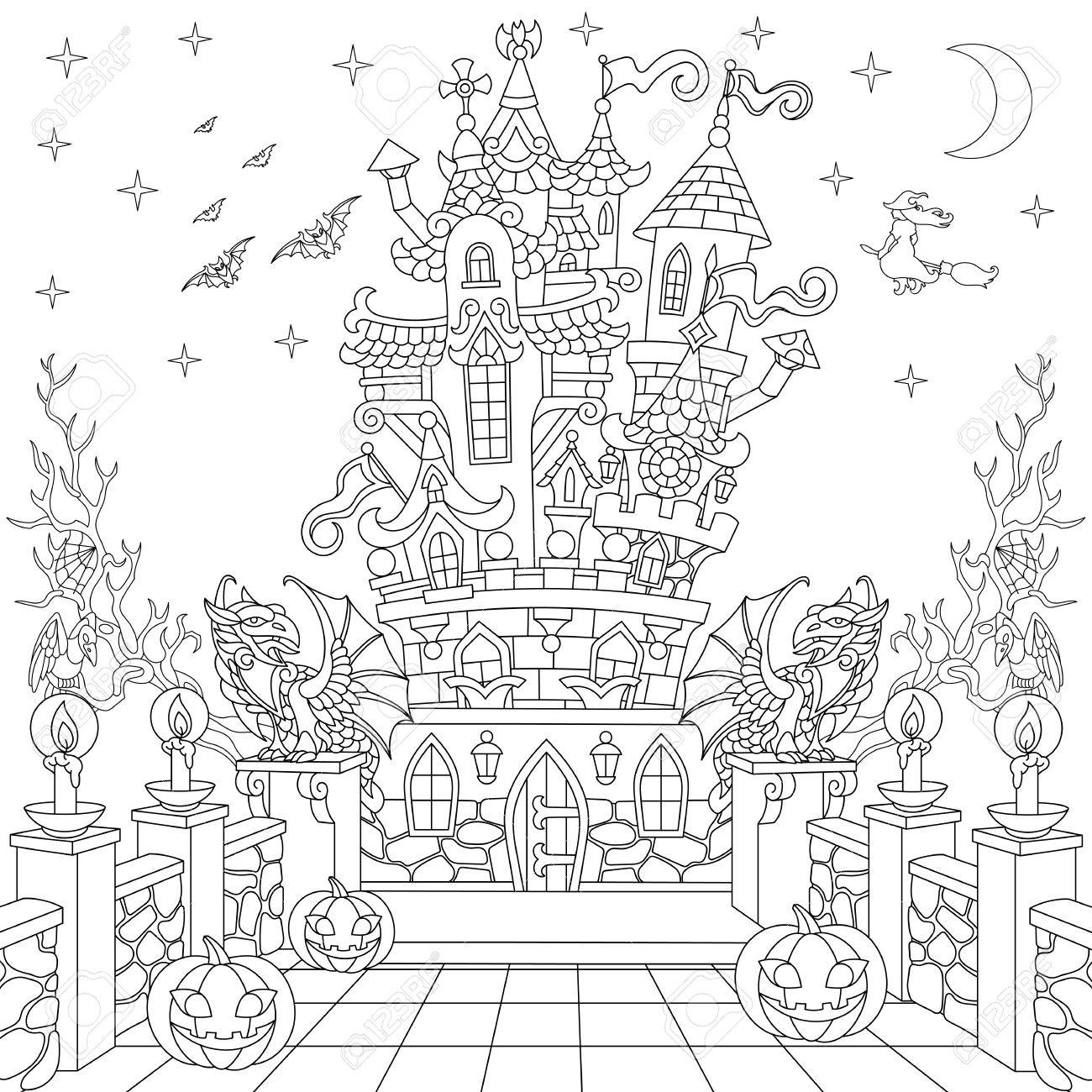 Halloween coloring page spooky castle halloween pumpkins flying bats witch gothic statues of dragons moon stars freehand sketch drawing for adult antistress coloring book in zentangle style royalty free svg cliparts vectors