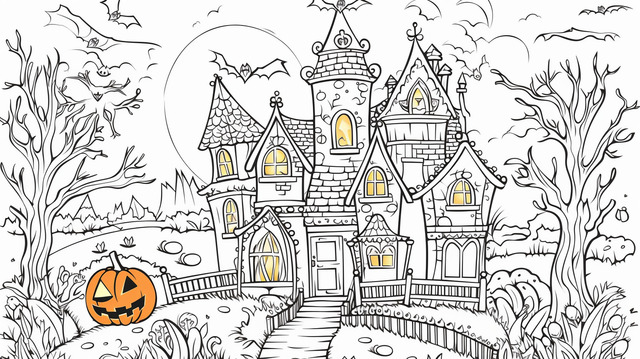 Halloween coloring pages with a castle and pumpkins background coloring picture halloween halloween halloween powerpoint background image and wallpaper for free download