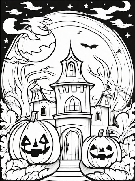 Premium ai image coloring page for kids halloween scary and handsome pumpkin castle and moon