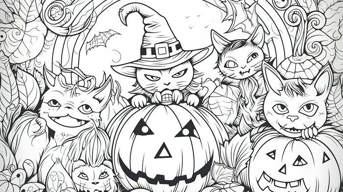 Halloween pumpkins coloring pages with cat backgrounds jpg free download
